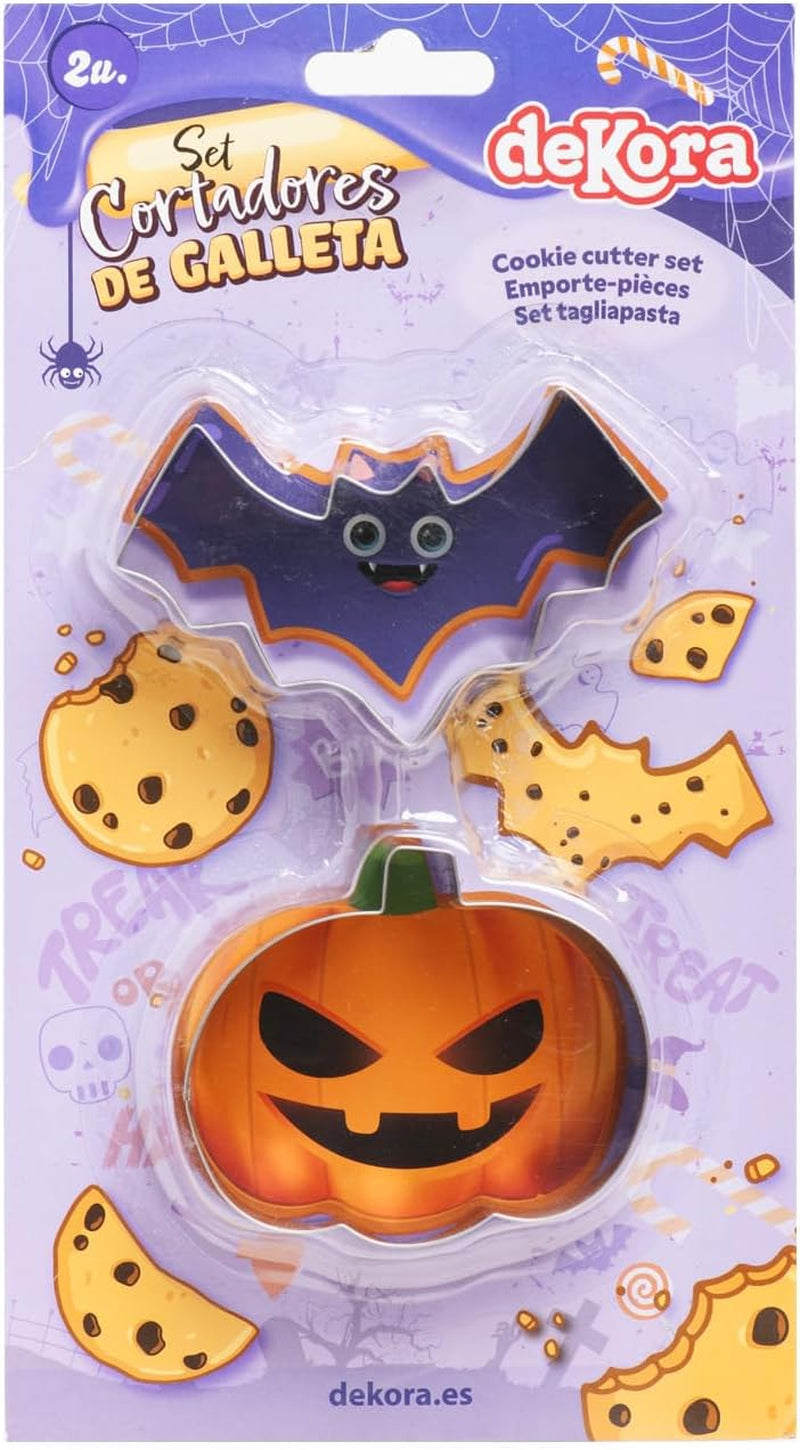 dekora – Set de forme de biscuiți de Halloween pentru copii – 2 forme metalice de biscuiți: Dovleac și Liliac – Forme de biscuiți și pâine – Ideale pentru decorațiuni cu dovleci și dulciuri de Halloween între 6 și 9 cm