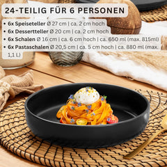 SÄNGER Madeira | Set de veselă combinat cu 24 de piese, set de veselă din gresie pentru 6 persoane, 6 farfurii de cină, 6 farfurii de mic dejun, 6 farfurii de sumă, 6 boluri pentru paste, set de veselă și bol, negru mat | COLECȚIA VALUE