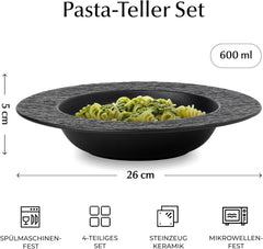 MIAMIO – Set de 4 farfurii pentru paste, 26 cm, farfurii adânci mari pentru supă, veselă ceramică modernă, alb-negru, potrivită pentru cuptorul cu microunde și mașina de spălat vase – Colecția Oasis (Negru)