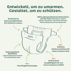 Scutece pentru bebeluși Naty BioEmbrace, mărimea 5 (11–25 kg) | 100% materiale pe bază de plante, delicate cu pielea | Moliciune respirabilă, testate dermatologic, absorbție excelentă | 80 buc.