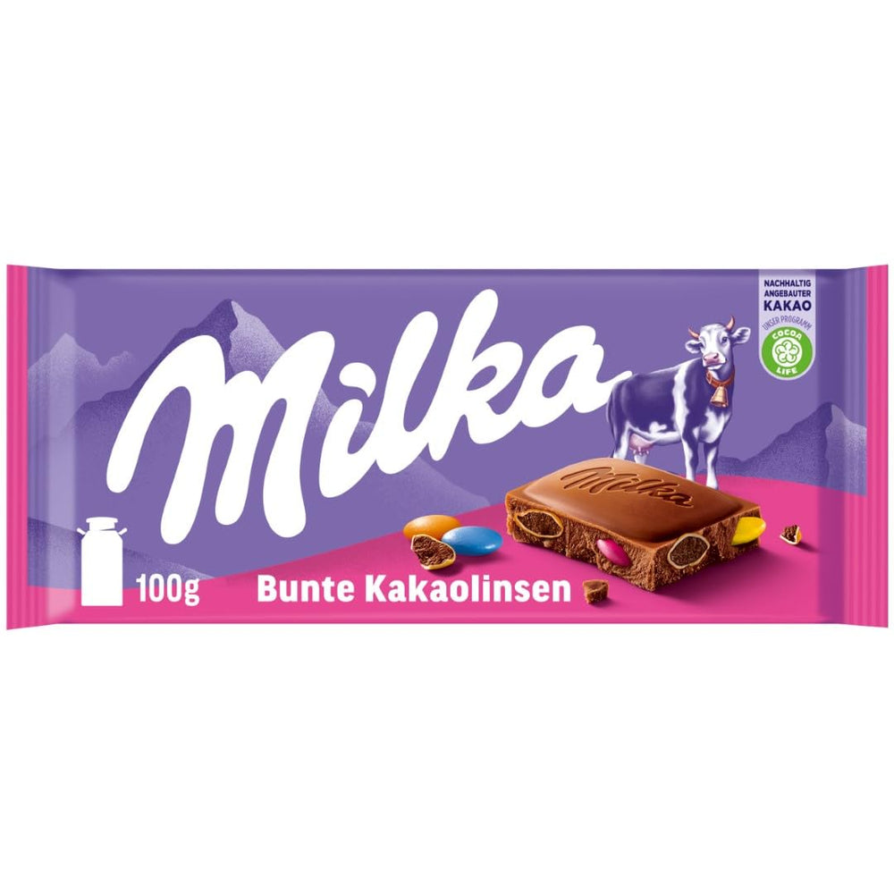 Cioccolato Milka con lenticchie colorate al cacao - Cioccolato al latte alpino con lenticchie croccanti al cioccolato - 100g