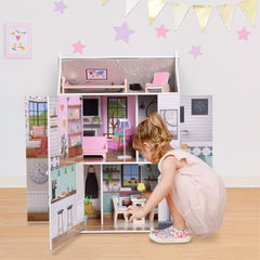Casă de păpuși interactivă din lemn pentru copii, Olivia's Little World, Dreamland, cu 3 etaje și 13 accesorii pentru mobilier de păpuși, albă, TD-13632A