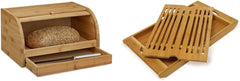 Relaxdays Coș de pâine rulant cu sertar, bambus, HxLxP: 21 x 40,5 x 28 cm, lemn, natural & placă de tăiat pâine din bambus aprox. 3 x 37 x 21,5 cm Placă de tăiat cu tavă pentru firimituri pentru curățare ușoară natural Cutii depozitare alimente Naty Shop Pachet cu placă de tăiat pâine 3X37X21,5 cm