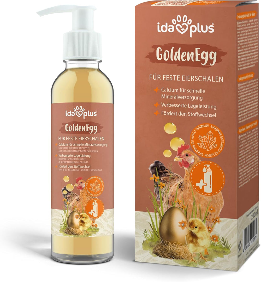 Ida Plus - GoldenEgg 200 ml - ridotto Brucheier & Federfressen - supportato Federwachstum & Federkleid - Wichtige Mineralien & Vitamine für Hühner - Beste Eierqualität bei Ihrer Hühnerhaltung