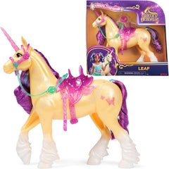 Unicorn Academy Einhorn Leaf - 28 cm groß, Original-Einhorn von Ava zur Netflix-Serie, mit echter Mähne und Schweif, abnehmbarem Zaumzeug und Sattel sowie Bürste, für Kinder ab 4 Jahren