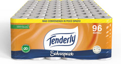 Economie de spațiu, 96 de role de hârtie igienică, 2 straturi, 220 de lacrimi per rolă, Cu extracte naturale de malva și gălbenele, Fabricat în Italia, Testat dermatologic.