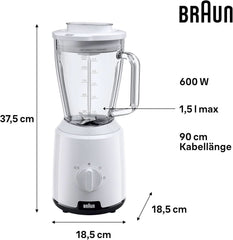 Braun Powerblend 1 JB1050WH - Robot da cucina con miscela di vetro da 1,5 L, Küchenhelfer Zum Zerkleinern, Pürieren & Mixen, Ice-Crush-Funktion, 2 Geschwindigkeiten, 600 Watt, Weiß Kitchen Naty Shop