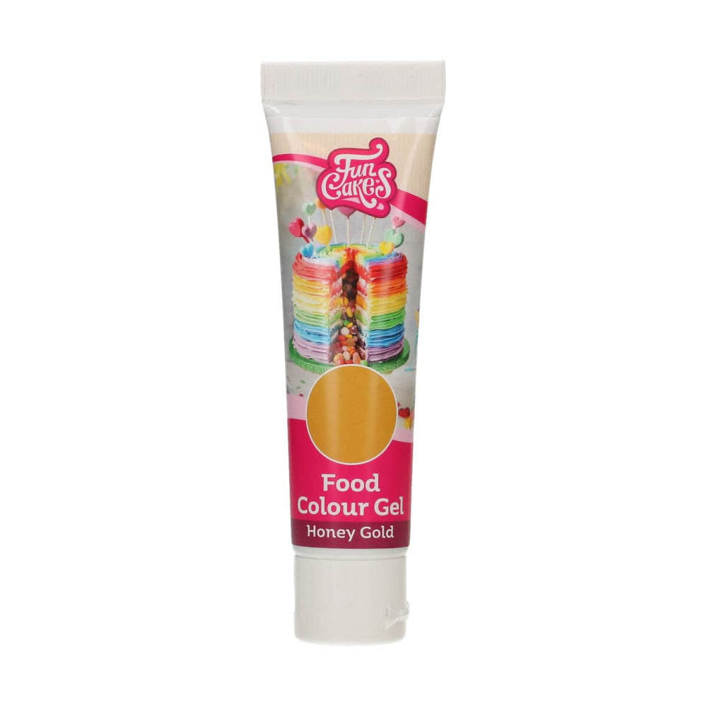 Colorant alimentar Funcakes, gel de culoare Honey Gold: Colorant alimentar foarte concentrat pentru aluat, cremă, fondant, marțipan și produse de patiserie. Dozare ușoară. Picătură individuală pentru a crea culori vibrante. Halal. 30 g.