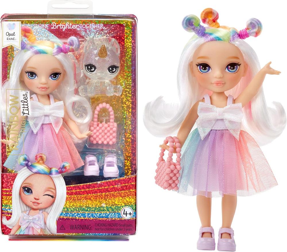 Rainbow High Littles - Opal Raine - Păpușă de modă mică, articulată - Păpușă de 14 cm în culorile curcubeului cu geantă și unicorn magic - pentru copii și colecționari, Curcubeu