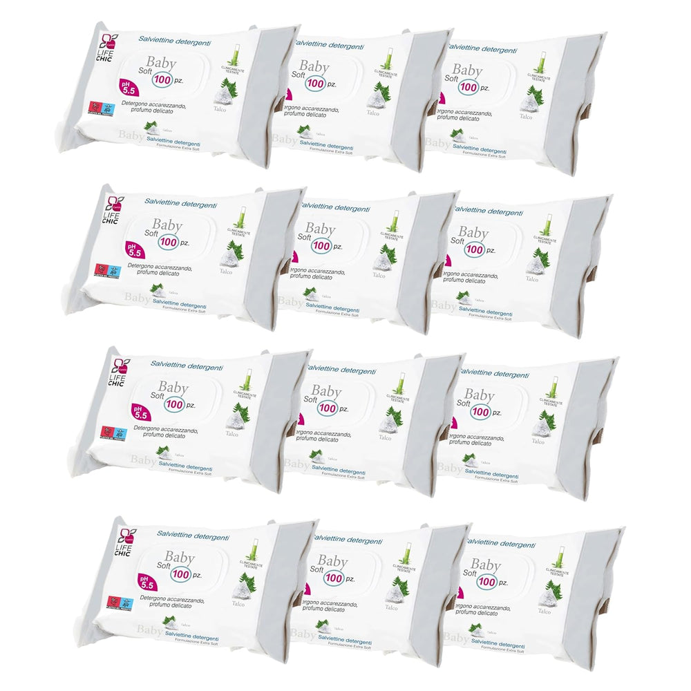 Salviette per neonati con talco per pelli sensibili, senza alcool, delicate sulla pelle, pH 5,5, leggermente profumate, 1200 unità (confezione da 12)
