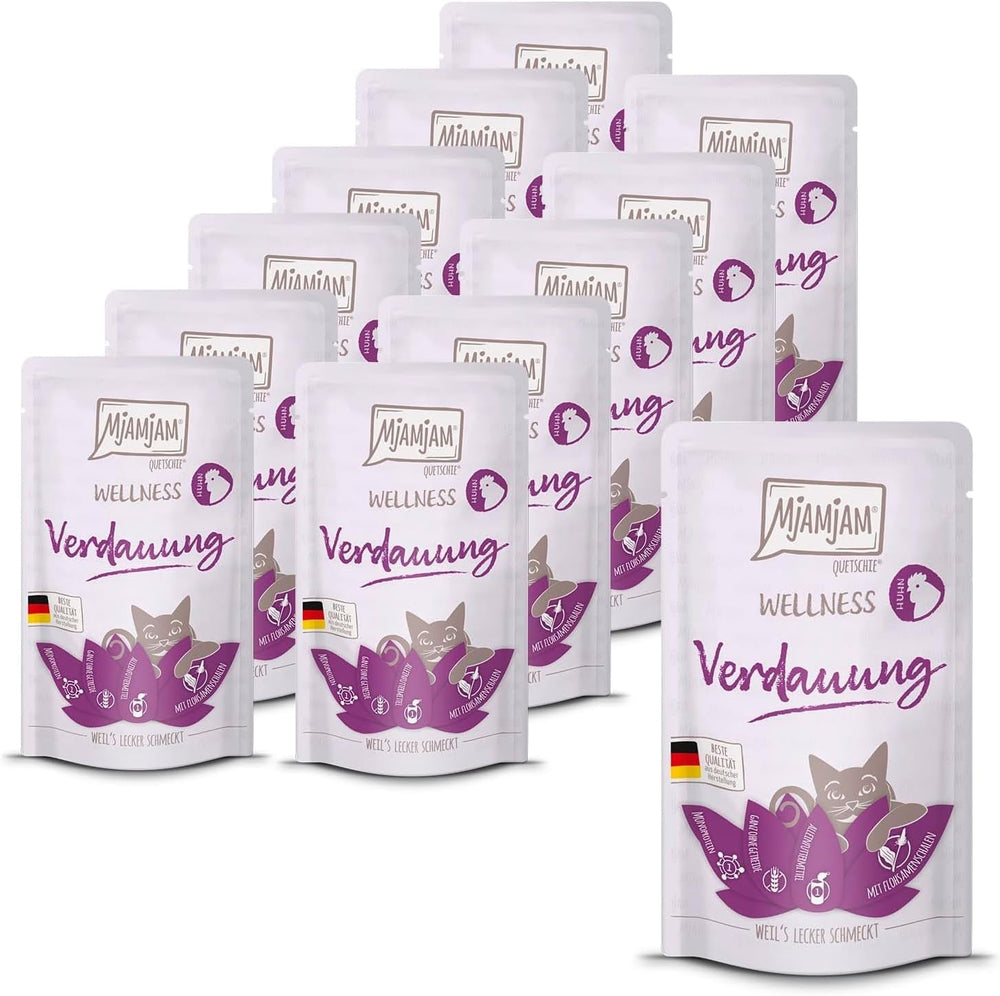 MjAMjAM - Hrană umedă premium pentru pisici - Wellness - Digestivă - Pui, pachet de 12 (12 x 125g), fără cereale