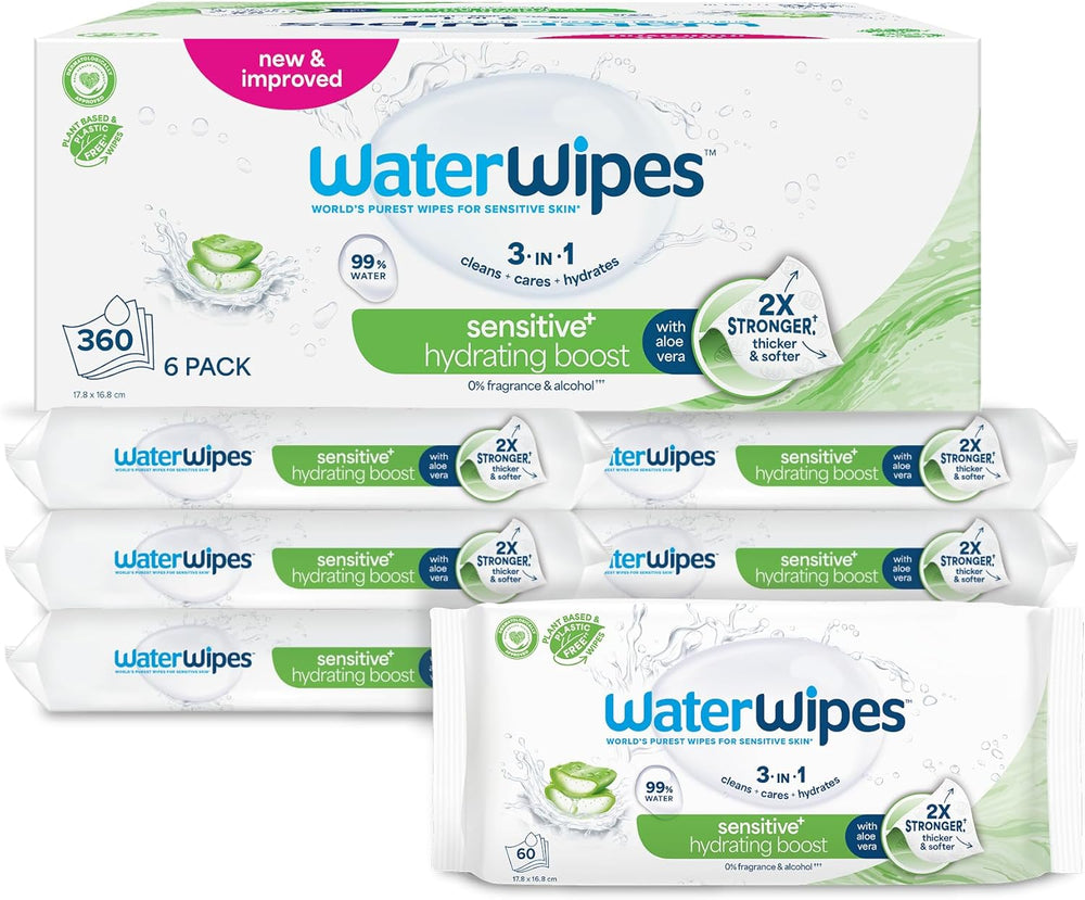 Salviette umidificate WaterWipes Sensitive+ Hydrating Boost, salviette idratanti, 360 pezzi (confezione da 6), 3 in 1 per pulire, curare, idratare, acqua di aloe vera al 99%, salviette per neonati senza profumazione