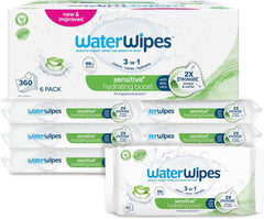 Salviette umidificate WaterWipes Sensitive+ Hydrating Boost, salviette idratanti, 360 pezzi (confezione da 6), 3 in 1 per pulire, curare, idratare, acqua di aloe vera al 99%, salviette per neonati senza profumazione