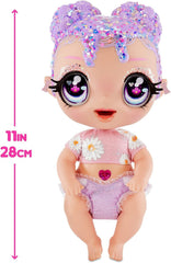 MGA Glitter Babyz - LILA WILDBLOOM - Bambolina con 3 magici cambi di colore attraverso l'acqua ghiacciata - con capelli lilla glitterati, vestito a fiori selvatici, pannolino, biberon e ciuccio - per bambini dai 3 anni