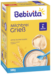 Porridge di semolino con latte (4 x 500 g), alimento per neonati a partire da 6 mesi, senza zuccheri aggiunti, con preziosi minerali e vitamine, molto saziante