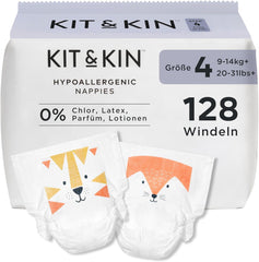 Pannolini Kit & Kin Premium, taglia 4 (9-14 kg), 128 pezzi, a base vegetale e ipoallergenici, protezione affidabile dalle perdite, vegani e cruelty free