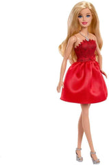 Mattel Rubinrote Blonde Barbie-Party-Modepuppe zum 80. Jubiläum roten Kleid mit silbernen Schuhen und Halskette, Sammelspielzeug, JGD25