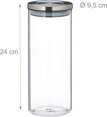 Jar de depozitare Relaxdays set de 3, etanș, capac din oțel inoxidabil, pentru paste, muesli și orez, recipient de bucătărie de 1,5 litri, transparent argintiu, 24 x 9,5 x 9,5 cm, transparent argintiu Cutii depozitare alimente Naty Shop