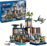 LEGO City Polizeistation auf der Gefängnisinsel, Polizei Spielzeug mit Hubschrauber, Boot und Hai, Set mit 7 Minifiguren und Hund, Geschenk zum Geburtstag für Jungen und Mädchen ab 7 Jahren 60419