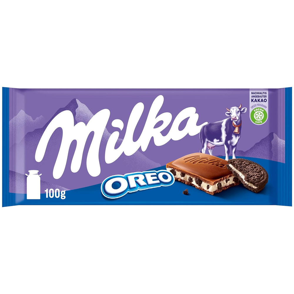 Milka Oreo – Cioccolato al latte alpino ripieno di croccanti pezzi di biscotti Oreo e morbida crema alla vaniglia – 100g