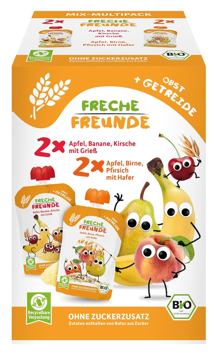 FRECHE FREUNDE Mix biologico in busta comprimibile multipack - Frutta + Cereali, purea di frutta con cereali in busta comprimibile per bambini a partire da 6 mesi, vegano, confezione da 3, 3 x (4 x 100 g)