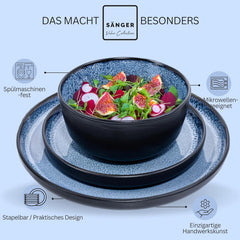 SÄNGER Aruba | Set de veselă din gresie pentru 6 persoane, 6 farfurii de cină, 6 farfurii de mic dejun, 6 farfurii de sumă, 6 boluri pentru paste, albastru cu margine neagră | COLECȚIA VALUE