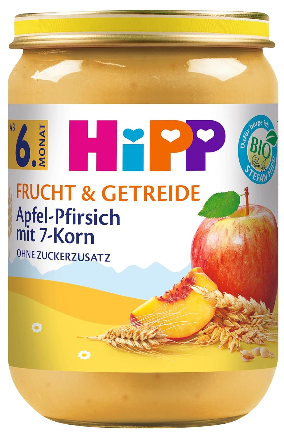 Frutta e cereali biologici HiPP con mela e pesca e 7 cereali, confezione da 6 (6 x 190 g)