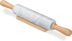 Relaxdays Nudelholz Marmor, Griffe aus Holz, Teigroller zum Kochen & Backen, mit Ablage, 48 cm, schwere Backrolle, bianco