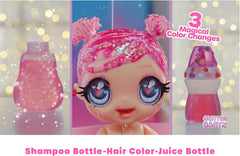 MGA Glitter Babyz - LILA WILDBLOOM - Bambolina con 3 magici cambi di colore attraverso l'acqua ghiacciata - con capelli lilla glitterati, vestito a fiori selvatici, pannolino, biberon e ciuccio - per bambini dai 3 anni