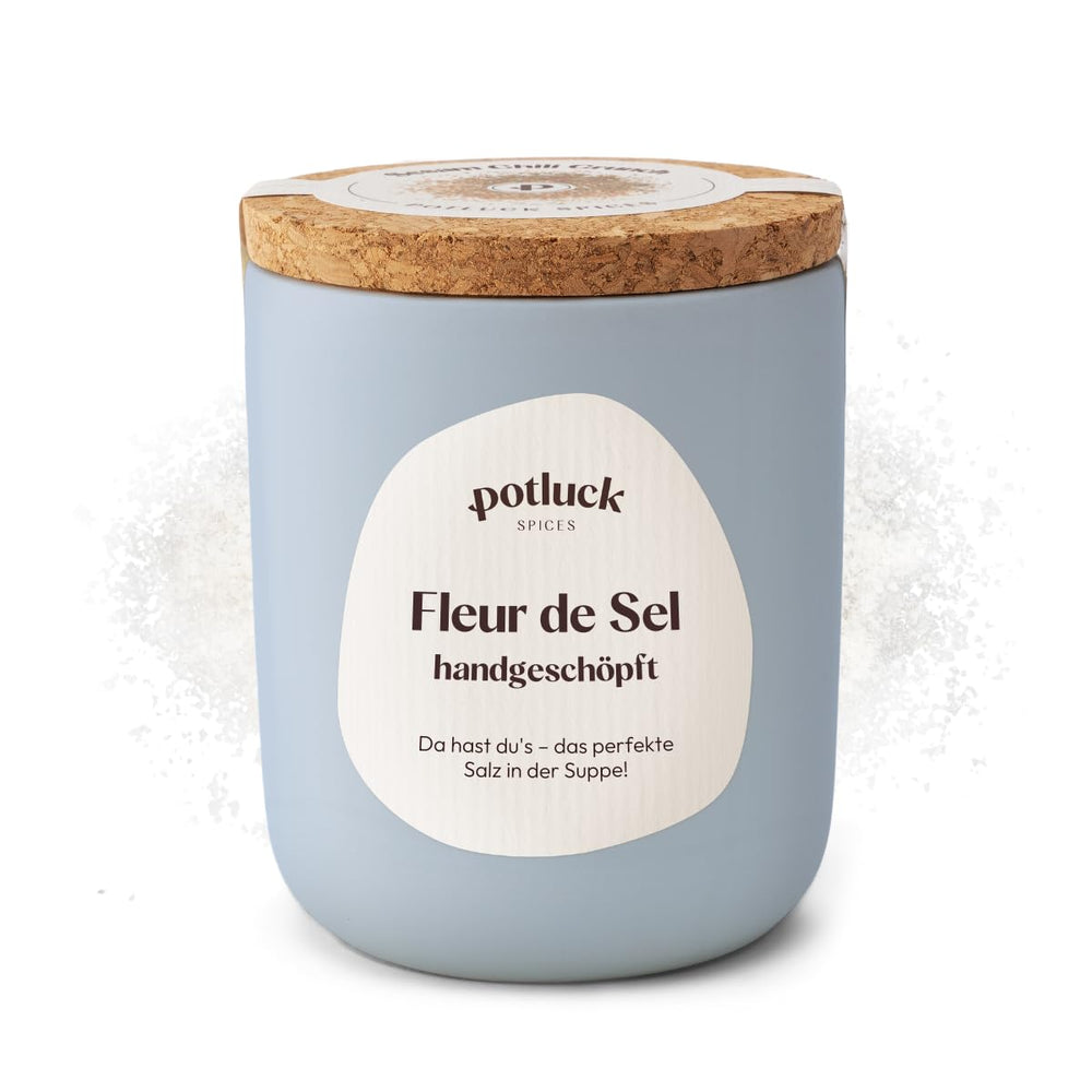 Potluck | Fleur de Sel handgeschöpft | Meersalz im Keramiktopf | 80g| Vegano, senza glutine e con ingredienti naturali