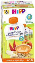 Buste Hipp per neonati, porridge di frutta, mango pesca in banana con avena, frutta 100% biologica senza zuccheri aggiunti, 4 x 4 buste da 90 g Mamma e Bambino Naty Shop 16 x 90 grammi Porridge di frutta mango pesca in purea di banana con avena