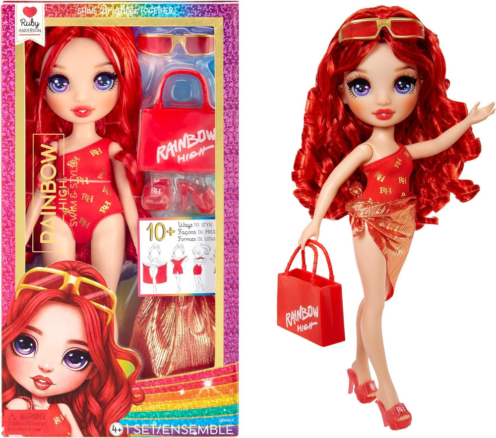 Rainbow High Swim & Style - Ruby (rosso) - bambola alta 28 cm con pareo lucido, indossabile in più di 10 modi - costume da bagno estensibile, sandali, accessori per il gioco - giocattolo - ideale da 4 a 12 anni Naty Shop Rubin Dolls