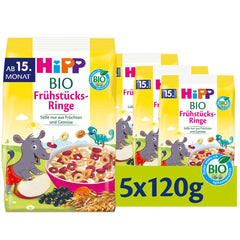 Anelli colazione biologica HiPP (5 x 120g), muesli per bambini dai 15 mesi, addolcito solo con frutta e verdura, della migliore qualità biologica