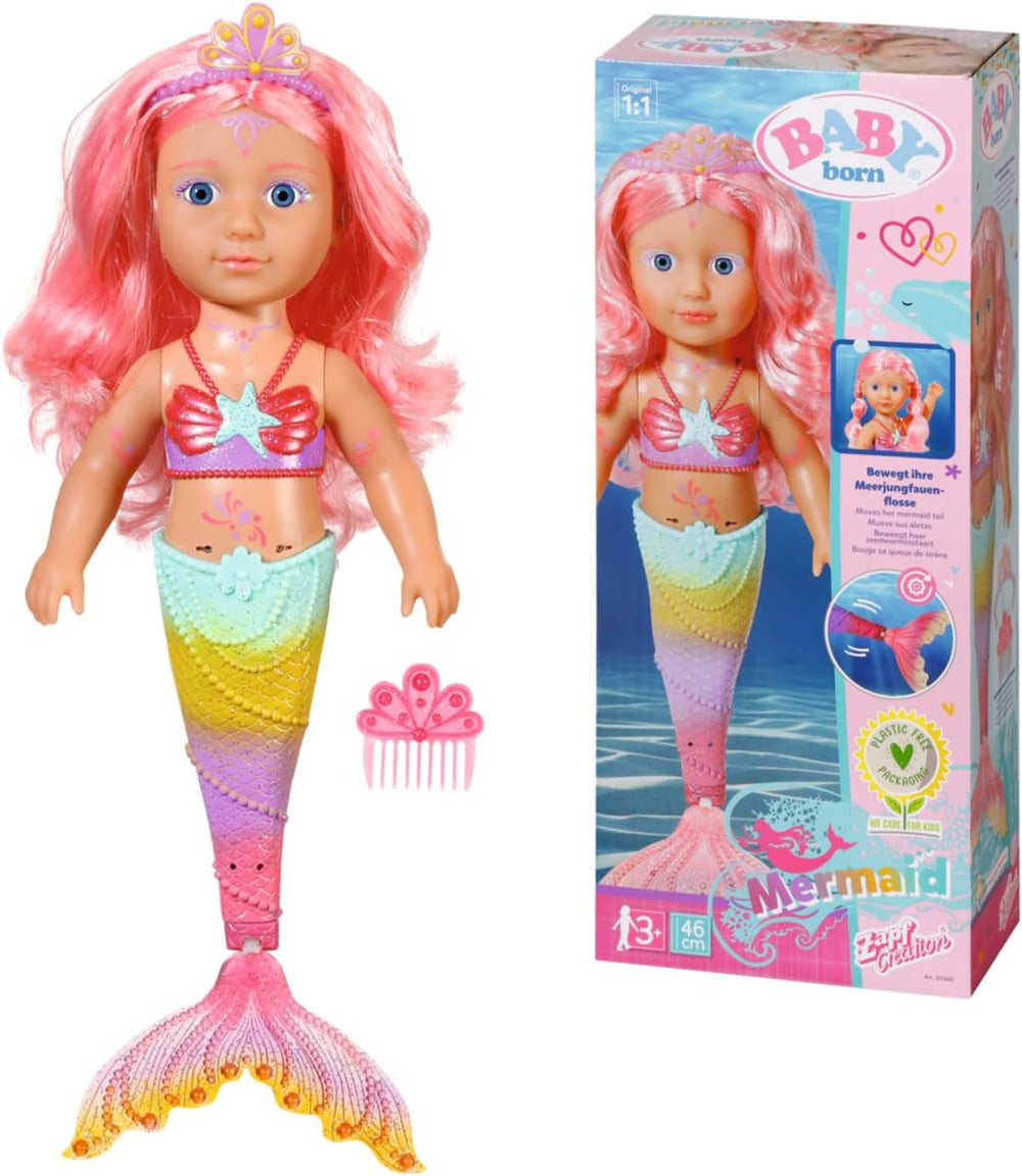 BABY Born Little Sister Sirena 46 cm Bambola sirena impermeabile con capelli lunghi e pinna glitterata mobile, incl. tiara e pettine, 833681 Zapf Creation Dolls Naty Shop Single