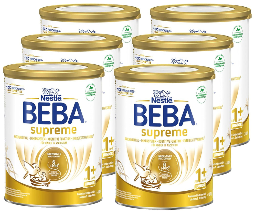 BEBA SUPREME JUNIOR 1 Plus - Bevanda per bambini da 1 anno, con complesso 6 HMO, senza lattosio, senza olio di palma, senza olio di pesce, alimenti per bambini piccoli, latte in polvere per neonati, confezione da 6 (6 x 800 g)