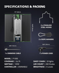 VIPARSPECTRA P1000 LED Coltiva la luce Spettro completo 2024 LED Coltiva la luce 0%-100% Dimmerabile per Serre Piante da interno Piantine Ortaggi Fiori Coltiva le tende 60x60 cm e 80x80 cm