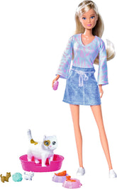 Simba Steffi Love Baby Cats, Spielpuppe im modischen Kleid mit schwangerer Katze und Zwei süßen Katzenbabys, Zubehör, 29cm, ab 3 Jahre