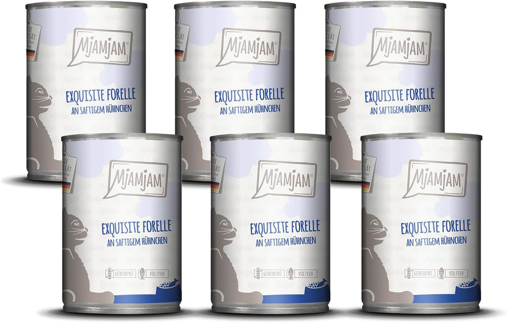 MjAMjAM - Hrană umedă premium pentru pisici - păstrăv rafinat cu pui suculent, pachet de 6 (6 x 400g), fără cereale