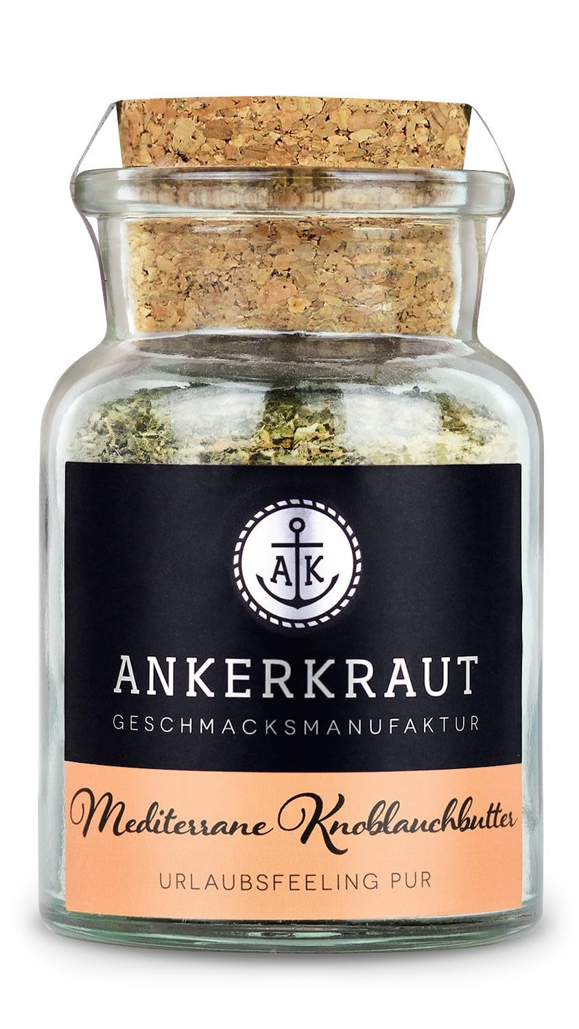 Ankerkraut Mediterranean Knoblauchbutter Gewürz, 85g in vetro di sughero, Zuckerfrei, Würzige Ingredient für Butter, Idea regalo, Grill-Abend con amici e familiari, Premium Qualität Ohne Gesmackverstärker