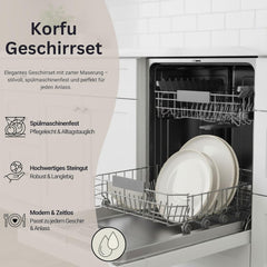 SÄNGER | Set de veselă Corfu cu 24 de piese, serviciu de cină pentru 8 persoane, ceramică lucrată manual, set de farfurii care include farfurii de cină, farfurii de desert și farfurii de sumă, veselă de culoare crem cu textură nisipoasă