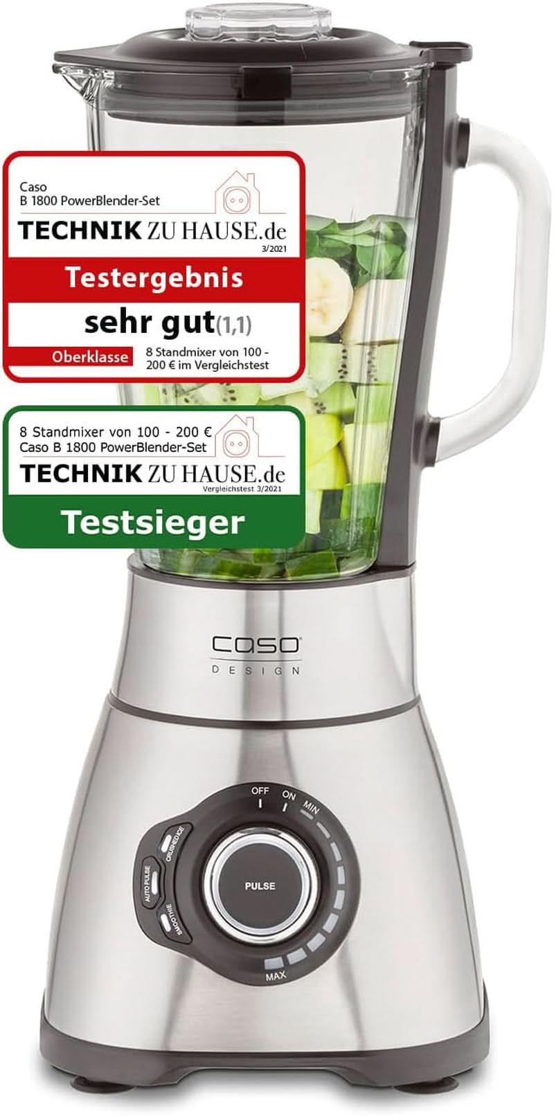CASO B 1800 Powerblender-Set - Robot da cucina, 28.000 giri/min, bicchiere di vetro 1,75 L, incl. Trinkflasche Und Zerkleiner, Mixer Testsieger Mit Sehr Gut, Edelstahl Naty Shop Standmixer + Zubehör