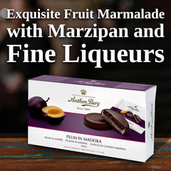 Prugna di Madeira – 220g – Specialità di marzapane con frutta e alcol – 8 monete di cioccolato fondente con gelatina di prugne e vino di Madeira – Idea regalo
