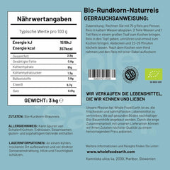 Riso integrale biologico a grani corti Wholefood Earth 3 kg Non OGM Fonte vegana di fibre da agricoltura biologica controllata