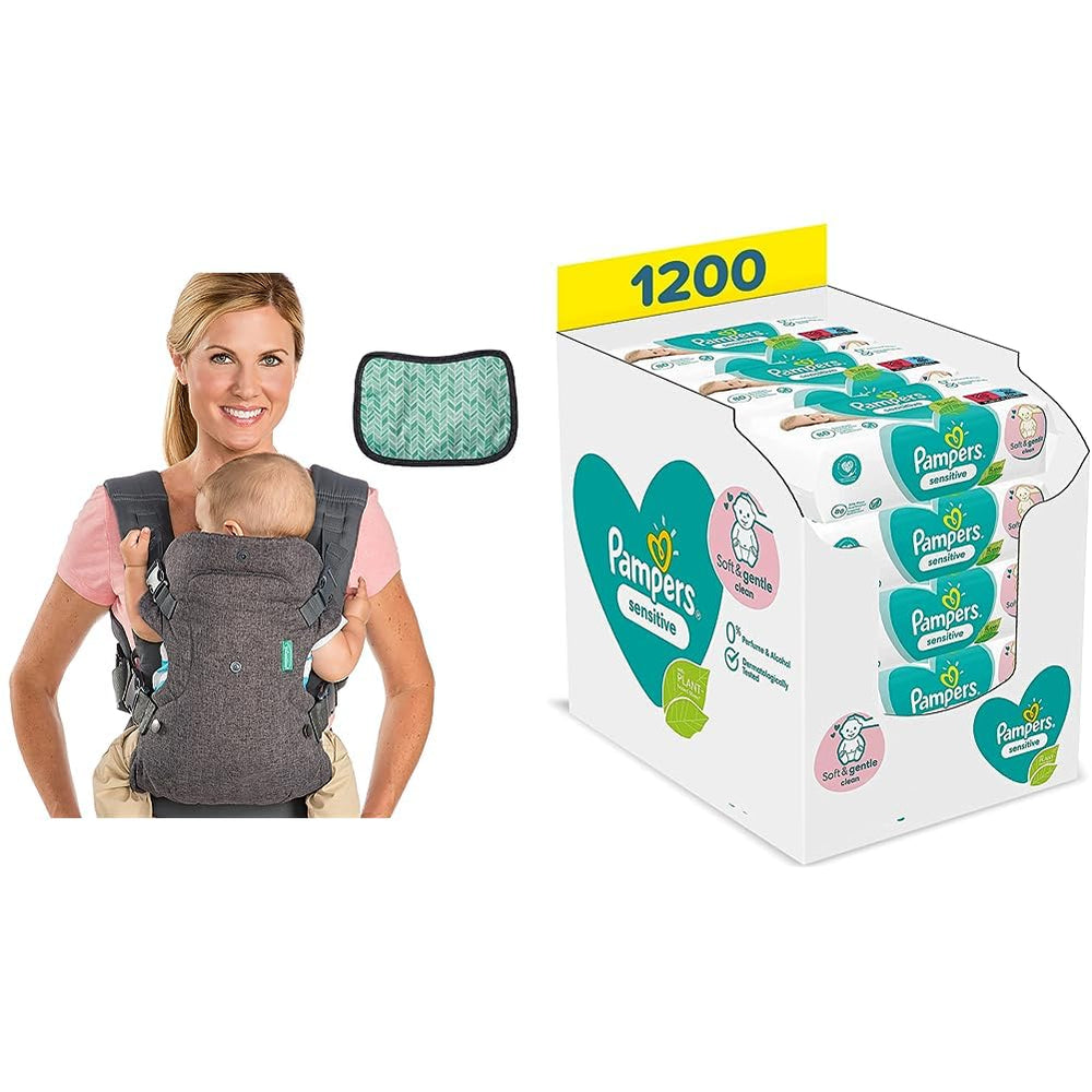 Pampers Sensitive Flip Advanced Marsupio 4 in 1 con bavaglino e salviette, 1200 salviette (15 x 80) per la pelle sensibile del bambino, dermatologicamente testato, prodotti essenziali per neonati