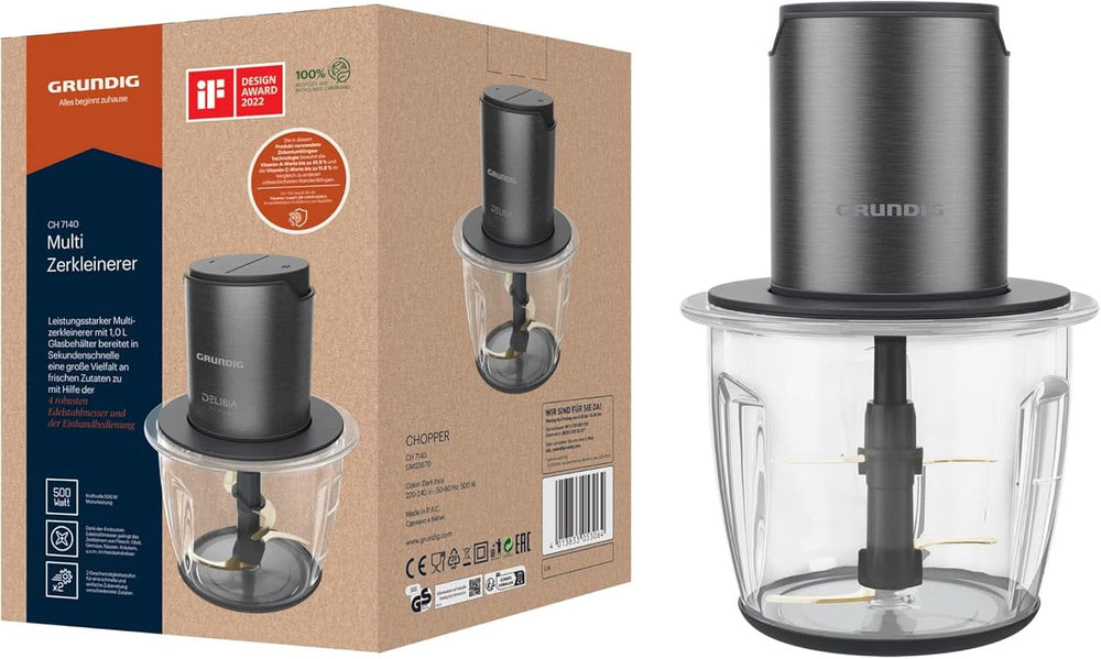 Grundig Delisia Novus CH 7140 Professioneller Multi-Zerkleinerer, 500 Watt, 4 Edelstahlmesser Mit Zirkonium-Beschichtung, 1L Glass Behälter, 2 Stufen, Anti-Slip-Unterlage, Dark Inox/Schwarz Kitchen Naty Shop