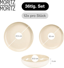 Set de veselă din gresie Moritz & Moritz CAVO pentru 12 persoane, 36 de piese - Serviciu de masă modern în culoarea nisipului - Set combinat ușor de întreținut cu farfurii și boluri - Serviciu de cafea