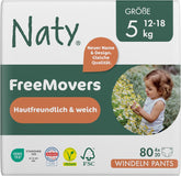 Pannolini per bambini Naty FreeMovers | Copripannolini certificati per la pelle | Morbido e senza profumo | Assorbente e a prova di perdite | Dermatologicamente testato Taglia 5 (12–18 kg) | 80 pezzi