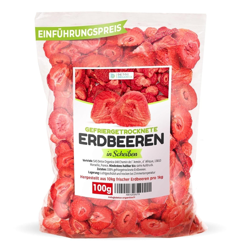 FRUCTE DE STRAWBERRIES FREEZE-DRIED, 100g fructe în felii, 100% fructe uscate - naturale și fără adaos de zahăr sau aditivi, de cea mai înaltă calitate de la Detox Organica Produse deshidratate Naty Shop 100 G (1 pachet)