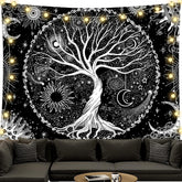 Tapiserie negru alb copac viata tapiserii faze luna Casa - Accesorii si Decoratiuni Naty Shop Copacul vieții 200L X 150B Cm
