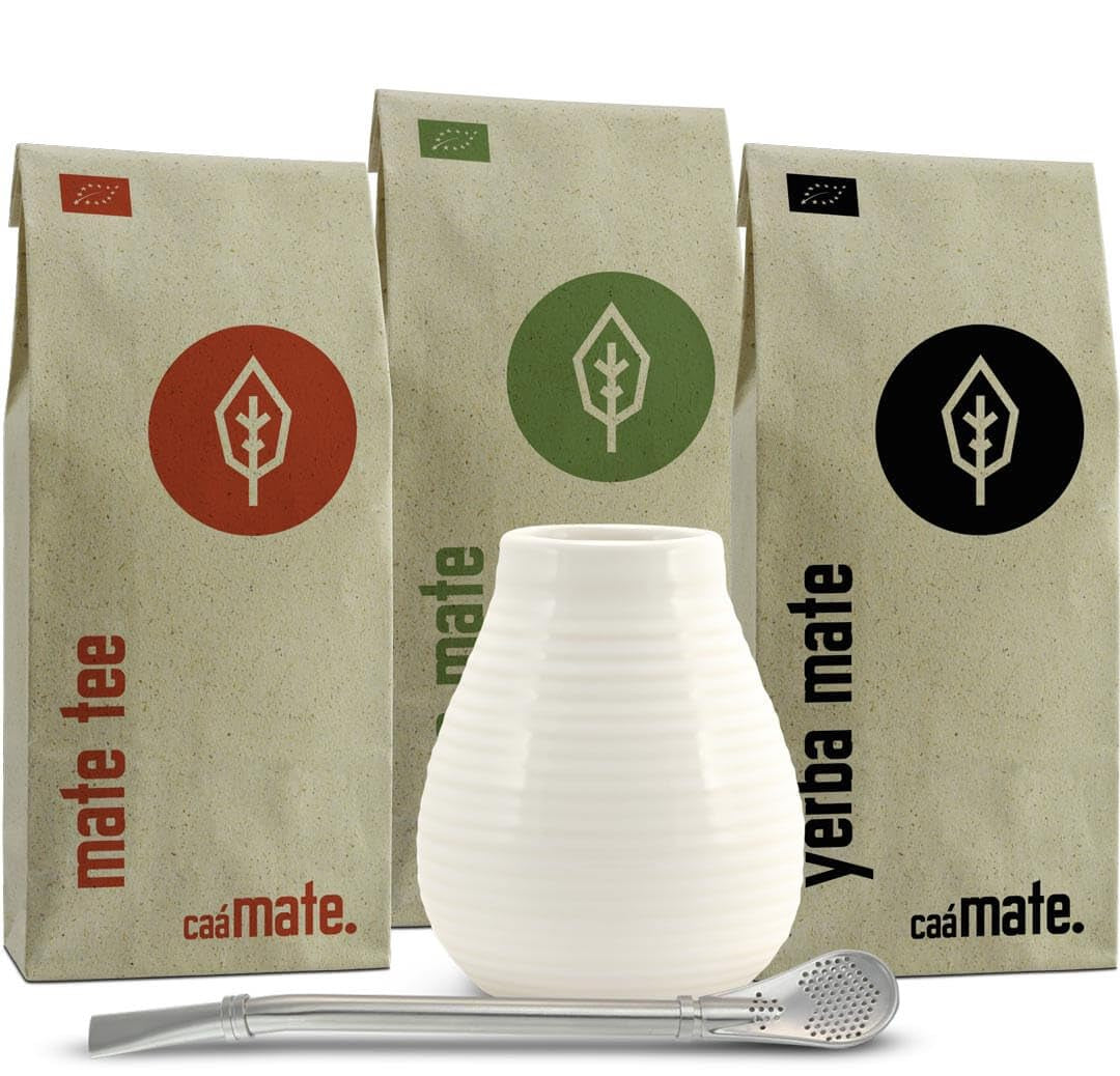 Set de ceai Mate din ceramică ● 3 sortimente de Mate BIO + cană Mate + Bombilla + instrucțiuni de preparare (Vintage)
